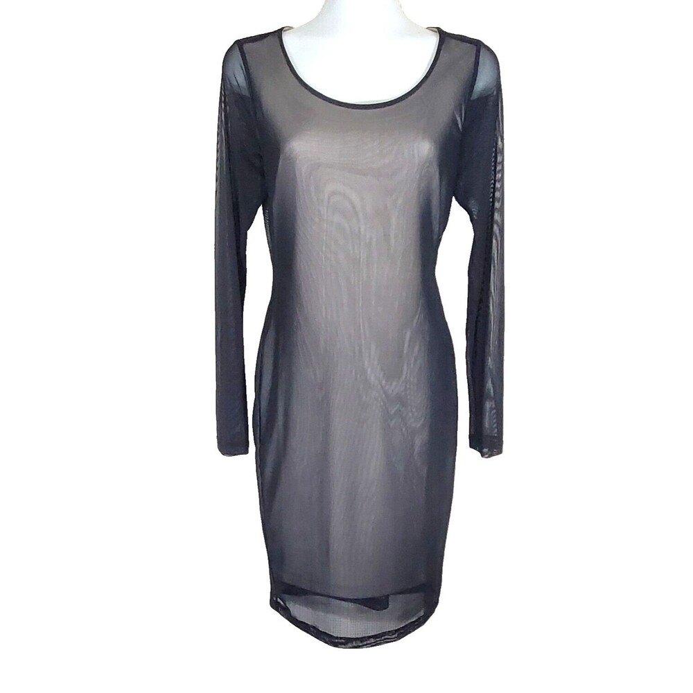 Carmen Marc Valvo Dress Medium Black Sheer Mesh Overlay Nude BodyCon Sheath